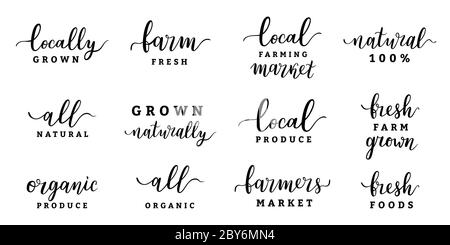 Farmers market lettering logo collection, handwritten calligraphy for food fair isolated on white, vector labels, bundle of typography compositions Stock Vector