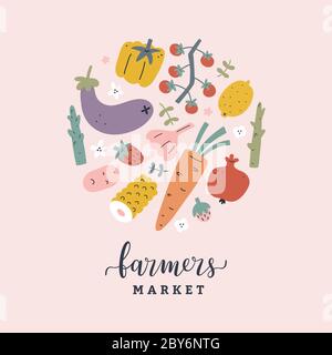 Vegetable poster, farmers market banner, hand drawn illustration with fruits and vegetables collection, vector artwork with tomato, lemon, asparagus Stock Vector