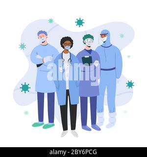 Doctors and nurses wearing protective suits and masks standing together ready for coronavirus epidemic, professional teamwork concept, medical team Stock Vector