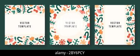 Modern floral frame with copy space, trendy bold abstraction shapes and doodles. Blank border template, vector decoration for wedding or invitation Stock Vector