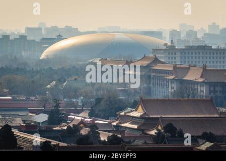 National Centre for the Performing Arts and Forbidden City seen from Pavilion of Everlasting Spring Pavilion in Jingshan Park in Beijing, China Stock Photo