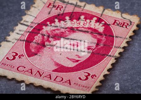 Queen Elizabeth Canada old three cents stamp Stock Photo