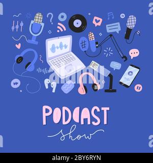 Podcast collection, various tools, equipment for recording podcasting, professional condenser microphone, headset, laptop with workstation, set of Stock Vector