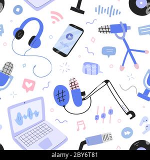 podcast and broadcast pattern, vector collage with microphones, headphones, computer program for recording and producing podcast shows, seamless Stock Vector