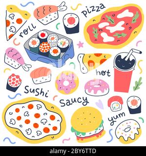 Fast food collection, menu food illustrations for delivery service, italian pepperoni pizza, japanese sushi rolls and philadelphia, trendy doodle hand Stock Vector