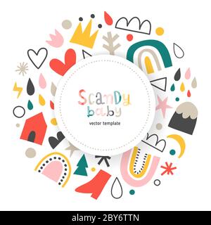 Scandinavian baby photo frame with blank space for picture or text, copy space banner, abstract doodles with rainbow clouds, modern minimal nordic Stock Vector