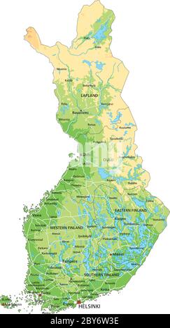 High detailed Finland physical map with labeling. Stock Vector