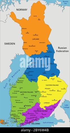 Colorful Finland political map with clearly labeled, separated layers. Vector illustration. Stock Vector