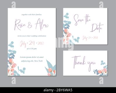 Trendy floral thank you, rsvp modern card.Wedding Invitation, modern card Design. Save the Date Card Templates Set with Eucalyptus leaves, Decorative Stock Vector