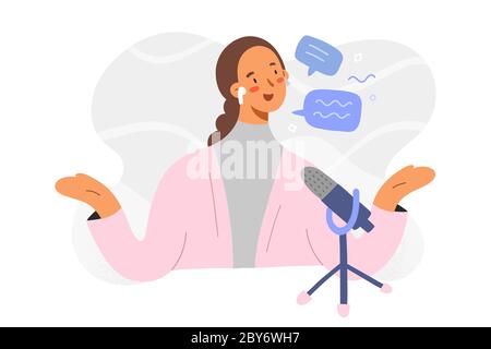 Woman recording a podcast series, podcaster character in headphones with microphone talking and producing a radio episode, online media etertainment Stock Vector
