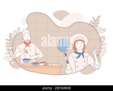 Happy smiling chefs cooking on restaurant kitchen vector cartoon illustration. Man cooking dish and woman holding pan and showing thumb up. Professional restaurant staff outline characters in uniform. Stock Vector