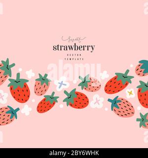 Strawberry card template, modern elegant design with blank space for message, hand drawn illustration of red berries with white flowers, good for Stock Vector