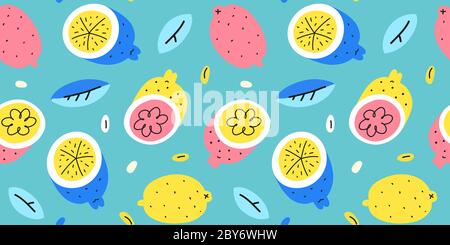 Lemon fashion print, tropical ornament with citrus fruit with leaves, trendy flat hand drawn art, seamless vector pattern, summer theme, funny cartoon Stock Vector