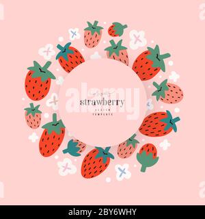 Strawberry template for packaging design with copy space for company logo, modern hand drawn illustration of fresh summer red berries, circle Stock Vector