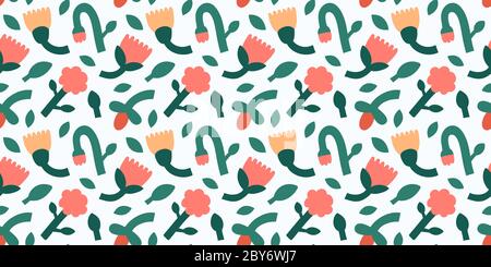 Modern floral ornament, contemporary abstract flower pattern with tulips and campanula, seamless vector background, leaves, branches and petal buds Stock Vector