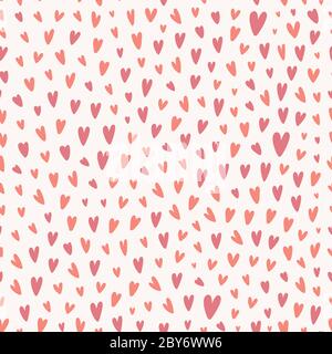 Cute heart pattern, modern hand drawn background, seamless vector texture with various trendy coral colored doodle heart shapes, elegant romantic Stock Vector
