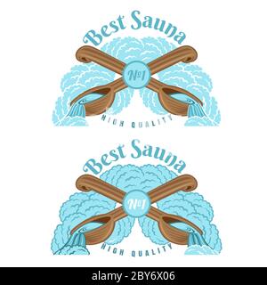 Two lables for sauna or bathhouse. Two crossed wooden ladles for sauna with steam around. Color vector illustration Stock Vector
