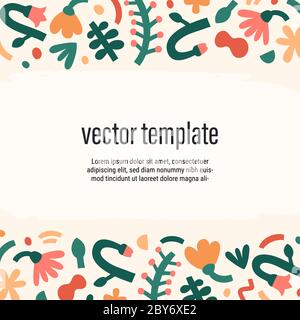 Contemporary abstraction, modern floral border template for banner or card with copy space, doodle flowers, leaves, scribble shapes trendy botanical Stock Vector