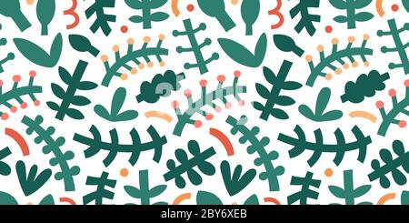 Abstract foliage pattern. Bold contemporary abstraction shapes and doodles, various leaves and branches, trendy modern art. Green fashion print Stock Vector