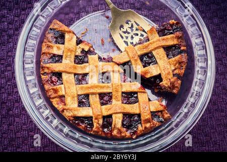 Blueberry Pie with Lattice Crust Viewed from Overhead Stock Photo