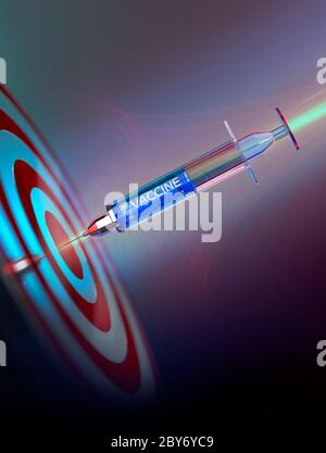 COVID-19 vaccine syringe hitting bull's-eye Stock Photo