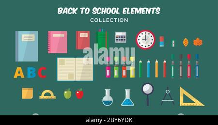Back to school flat elements collection. Different school elements, books, notes, pens, pencils, markers, rulers, backpack, clock, ball. Vector Stock Vector