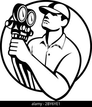 Illustration of a heating air conditioning and refrigeration mechanic holding a pressure temperature gauge front view set inside circle on isolated on Stock Vector
