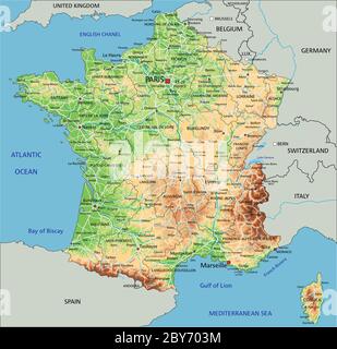 High detailed France physical map with labeling. Stock Vector