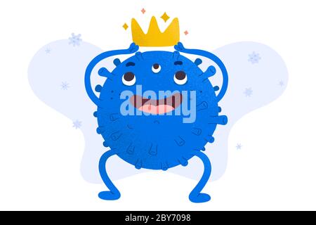 Coronavirus character, cute cool virus wearing a cown, bossy mascot, isolated vector illustration, symbol of deadly contagious desease, doodle germ Stock Vector