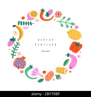 Fruits vegetables frame, circle border template with copyspace and handdrawn simple fun illustration ornament, vector background, good for menu cover Stock Vector