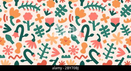 Contemporary flower pattern, abstract shapes and forms, seamless texture, botanical fashion print, floral abstraction, stamp shapes of leaves Stock Vector