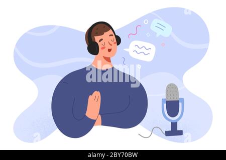Student making a podcast show, flat cartoon character in headset with microphone, recording a audio program, online media episode, hand drawn vector Stock Vector