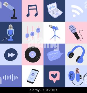 Podcast pop art poster with illustrations of professional microphones, headphones, notebook and abstract doodle illustration, good as print poster or Stock Vector