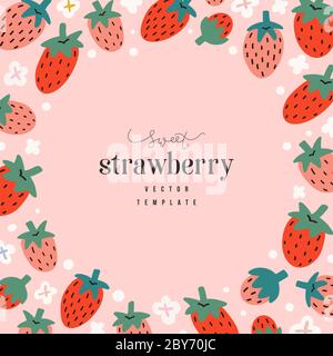 Hand drawn strawberry frame template, circle border with copyspace for text, vector composition with cute doodle red berries on pink background Stock Vector