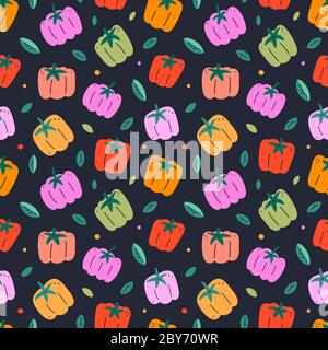 Various bell peppers, seamless pattern, sweet peppers on black background, hand drawn vegetable, colorful paprika drawing, good as kitchen print Stock Vector