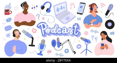 Podcast collection, podcasters and listeners, various microphones and headset, home studio equipment for recording selfmade podcast show, isolated Stock Vector
