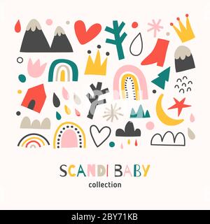 Scandi baby collection, scandinavian abstract shapes set, doodle hand drawn illustrations of rainbow, mountain, isolated vector illustration, cute Stock Vector