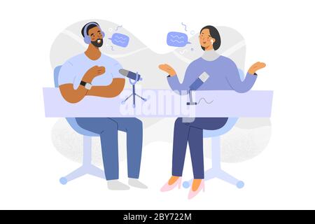 Podcast interview, host and guest discussion on radio program, hand drawn people, vector cartoon illustration, man and woman sitting, talking and Stock Vector