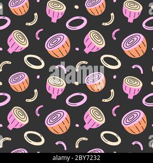 Onion doodles, onion vegetable cut in halves with slices and rings, vegetable food illustration, seamless vector pattern, trendy ornament, good as Stock Vector