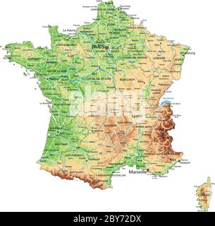 High detailed France physical map with labeling. Stock Vector