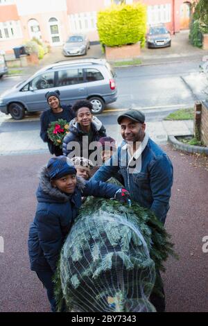 Portrait happy family carrying Christmas tree in driveway Stock Photo