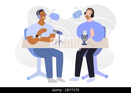 Radio interview, podcast host and guest talking, discussing and recording an audio program, vector cartoon illustration, characters in headphones with Stock Vector