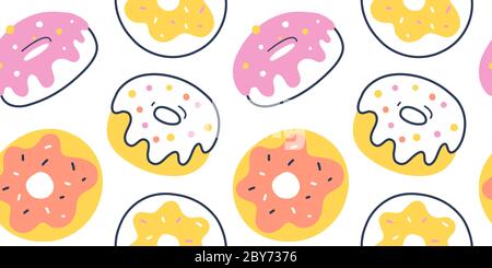Donut pattern, various glazed donuts with sprinkle, seamless vector background, sugar fast food illustration, doodle drawing, fried dough dessert with Stock Vector