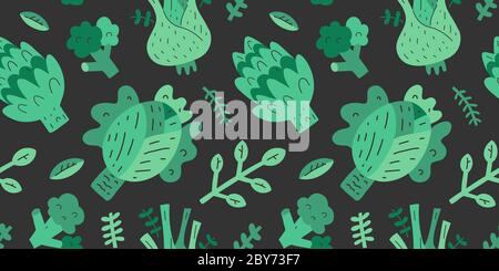Green vegetables pattern, natural organic veggies ingredients, raw healthy food, seamless vector background, trendy doodle cartoon illustrations for Stock Vector