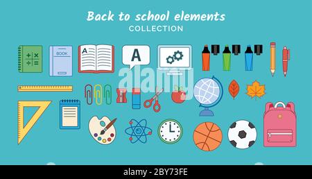 Back to school flat elements collection. Different school elements, books, notes, pens, pencils, markers, rulers, backpack, clock, ball. Vector Stock Vector