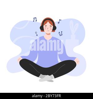 Woman doing yoga, listening to music at home, female character in wireless headphones in lotus position, calm peaceful mood, indoors activities Stock Vector