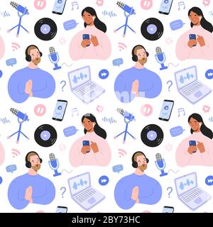 Podcast pattern, hand drawn collage illustration with podcast hosts and listeners with blogging and vlogging equipment for podcast show, microphones Stock Vector