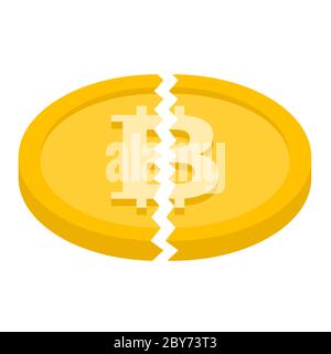 Bitcoin halving. Cracked bitcoin. Block rewards is reduced in 2 times. Illustration in isometric style. Vector isolated illustration Stock Vector