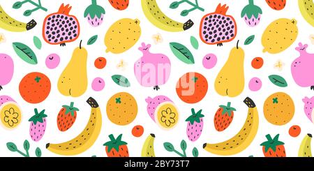 Summer fruit pattern, cute cartoon doodles, fresh tropical fruit mix, colorful background, seamless vector ornament, banana, pomegranate and Stock Vector