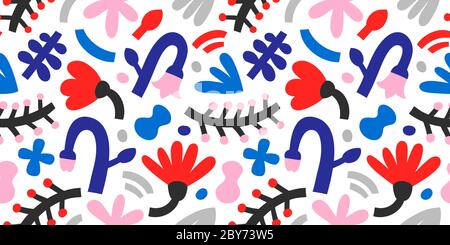 Bright primitive flowers, contemporary abstract illustration, tulips and leaves in bright colors. Vector seamless pattern. Modern botanical print for Stock Vector